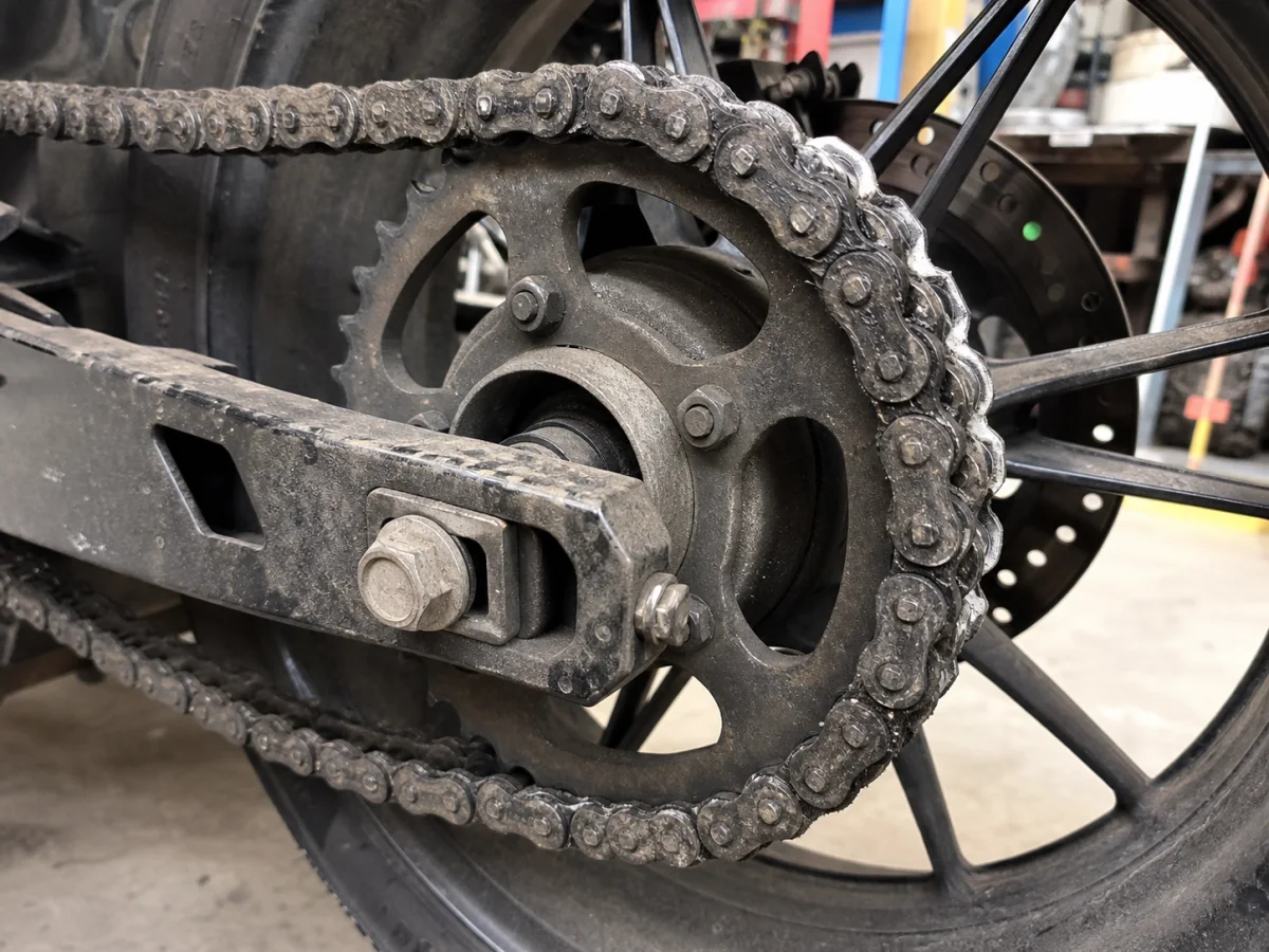 Worn motorcycle chain and sprocket awaiting repair approval